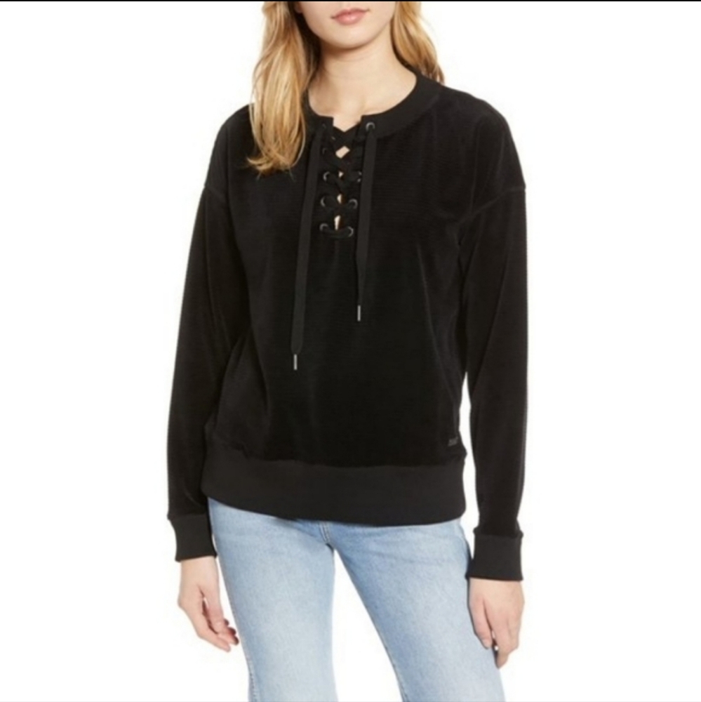 Roxy | Velour Ribbed Lace Up Crewneck Pullover Long Sleeve Sweatshirt